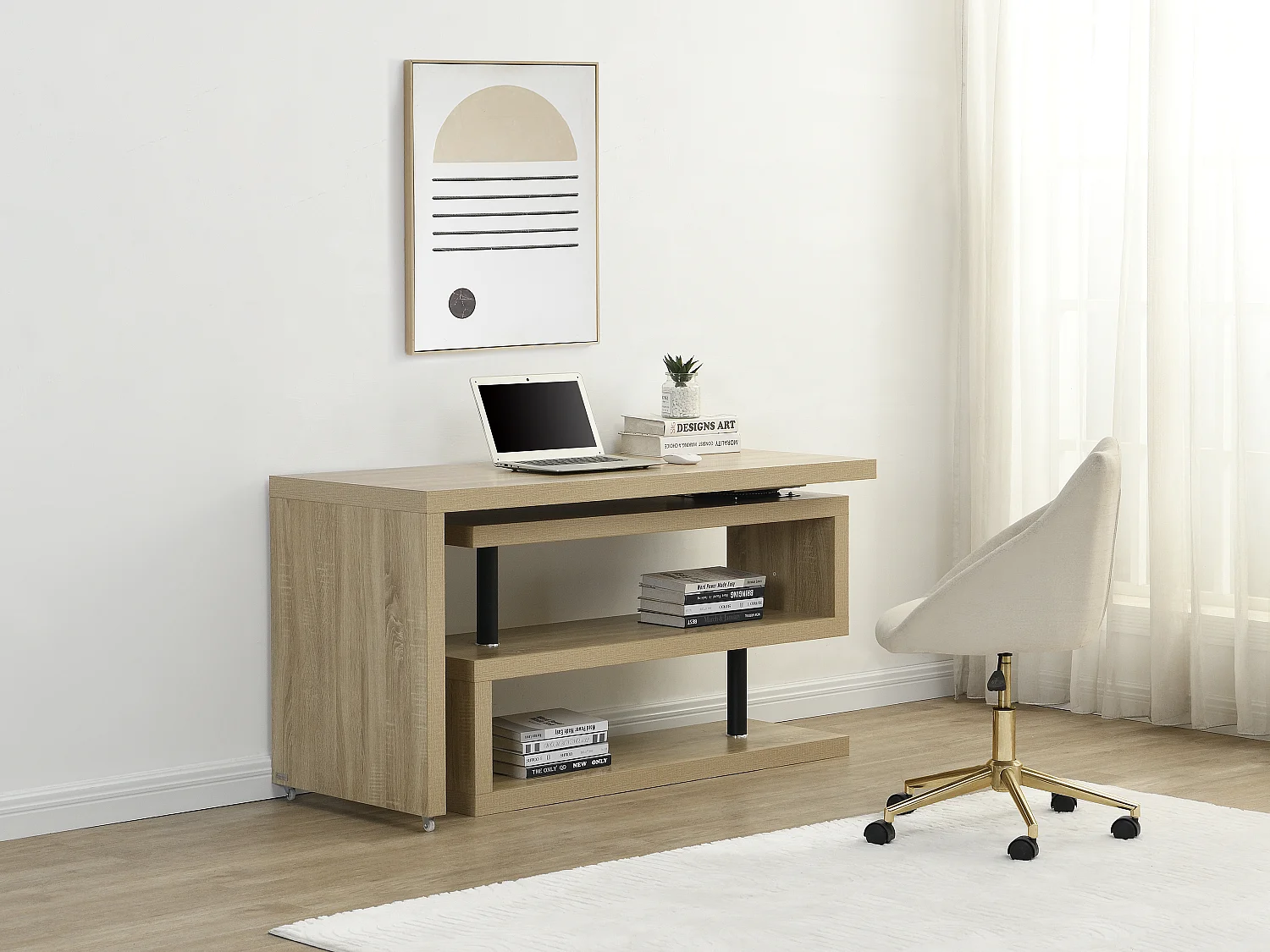 Bureau extensible avec plateau pivotant 360° - MDF - Coloris : Naturel - NICEPHORE III