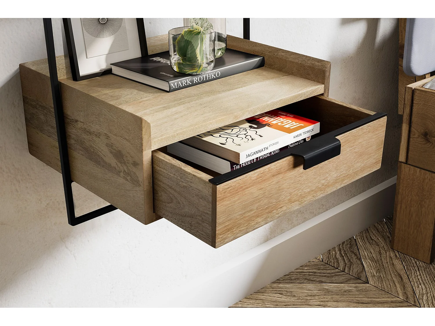 Table de Chevet Murale Bois Massif Métal Flottante de Nuit 44x45x35 cm