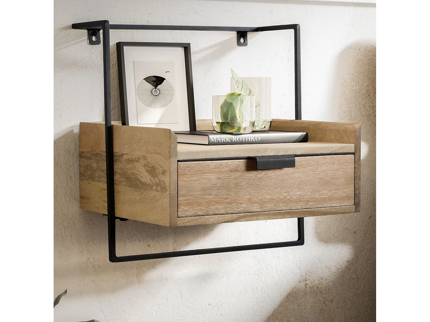 Table de Chevet Murale Bois Massif Métal Flottante de Nuit 44x45x35 cm