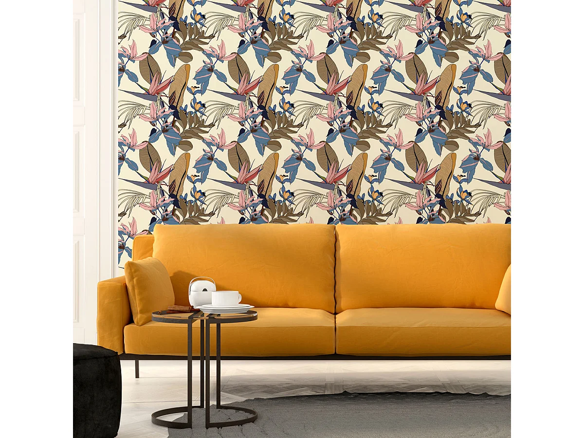 Papier peint intissé pré-encollé - TROPICAL JAUNE FEUILLES DE BANANIER ET FLEURS DE PARADIS - 1 rouleau de 300x60cm