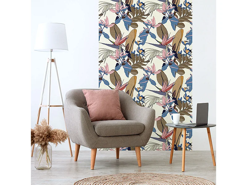 Papier peint intissé pré-encollé - TROPICAL JAUNE FEUILLES DE BANANIER ET FLEURS DE PARADIS - 1 rouleau de 300x60cm