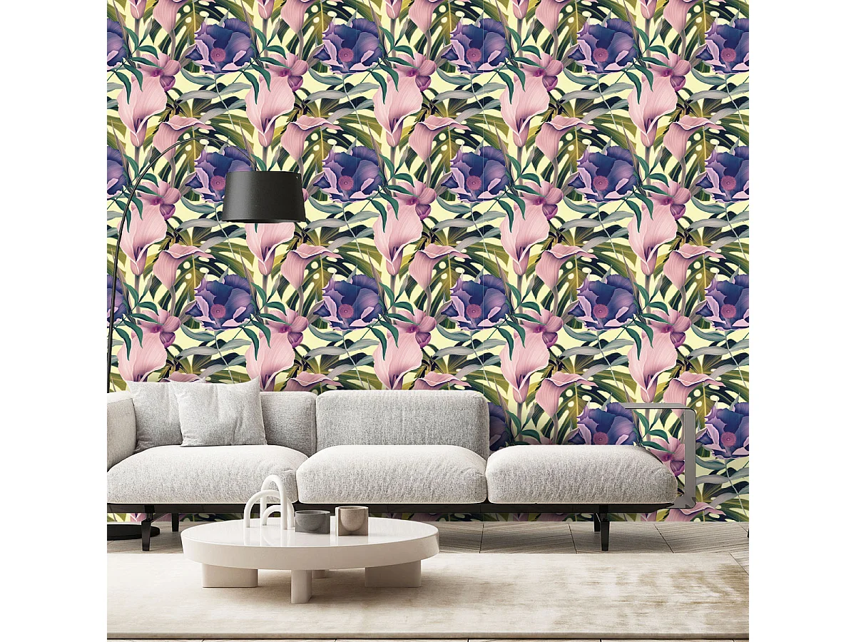 Papier peint intissé pré-encollé - TROPICAL FLEURS ROSES ET VIOLETTES - 1 rouleau de 300x60cm