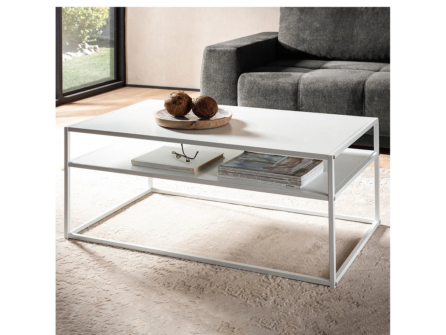 Table Basse Rectangulaire Blanc Métal Argent 100x60x45 cm Table Salon