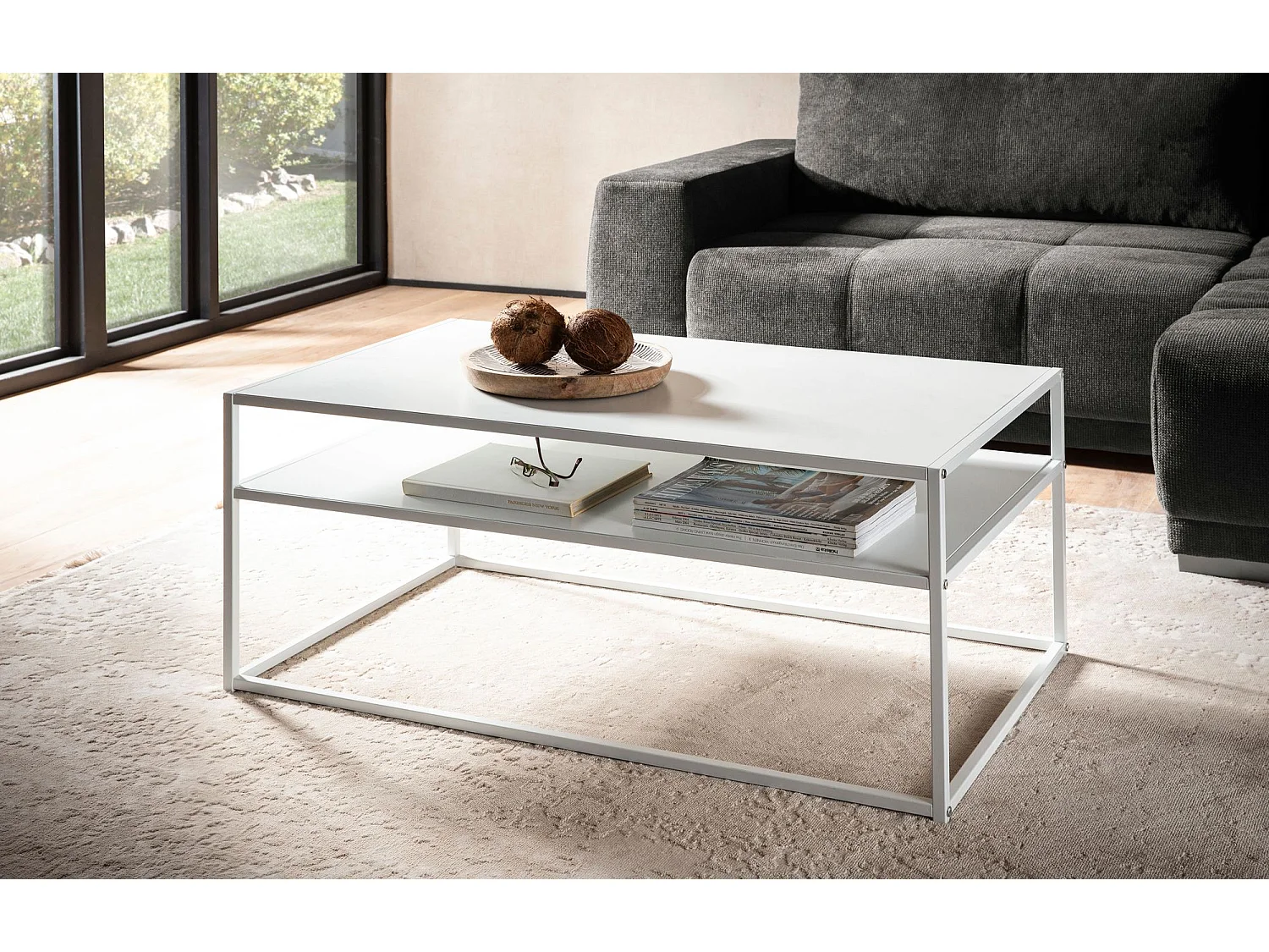 Table Basse Rectangulaire Blanc Métal Argent 100x60x45 cm Table Salon