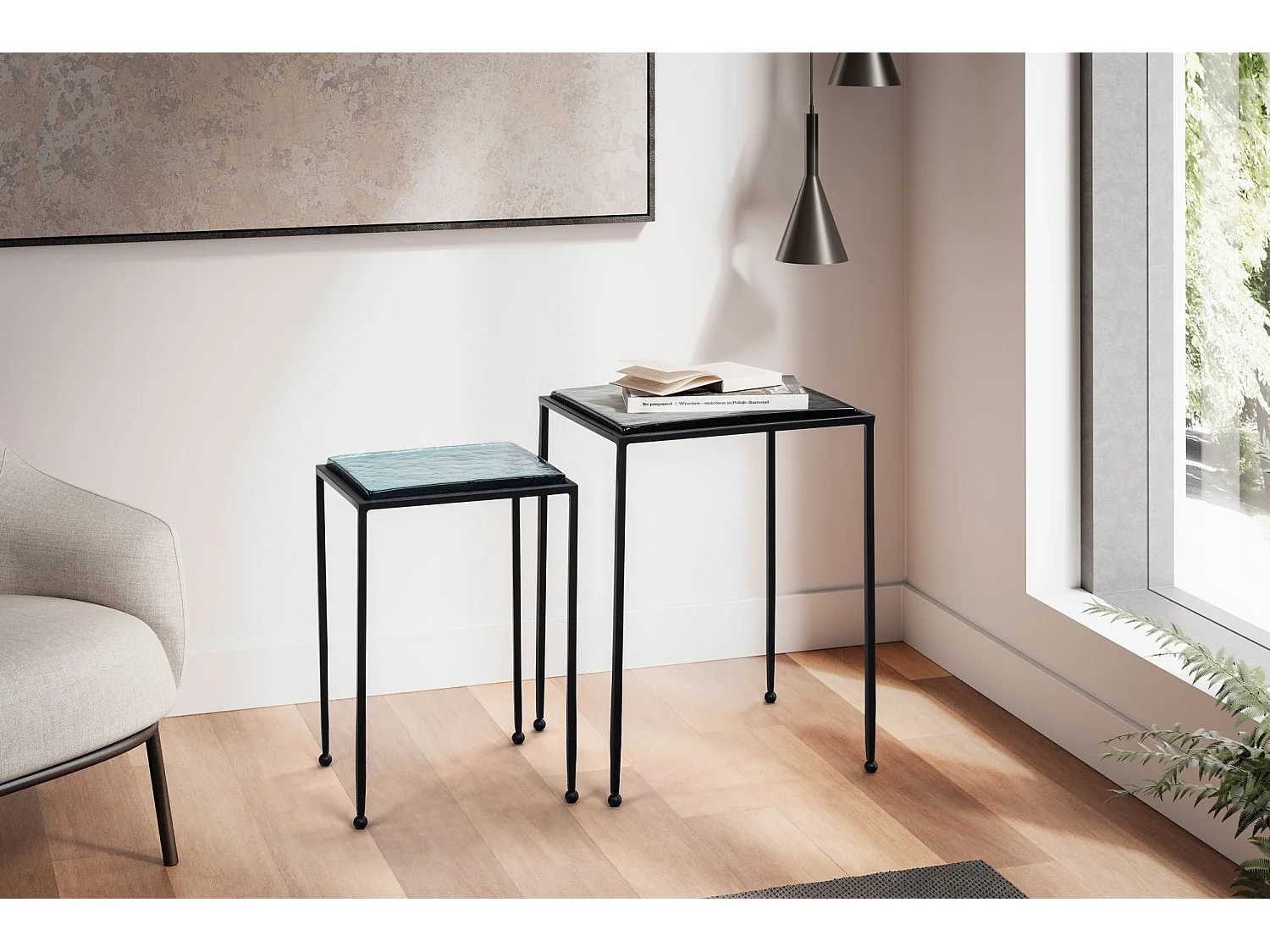 Tables Gigognes Verre Métal Table d'appoint Basse Moderne Lot de 2 Carré