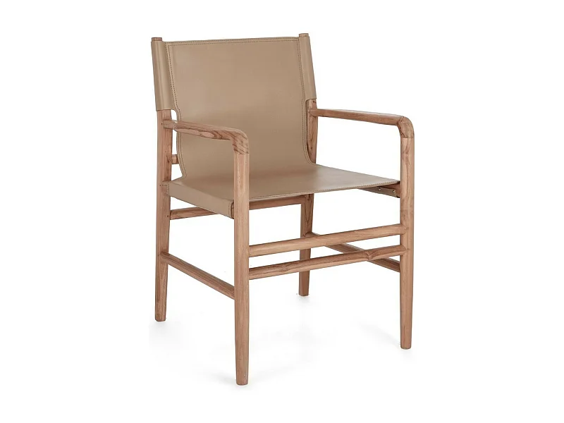 Fauteuil en bois de Teck et cuir Karole – Modernité et durabilité-Couleur Marron clair