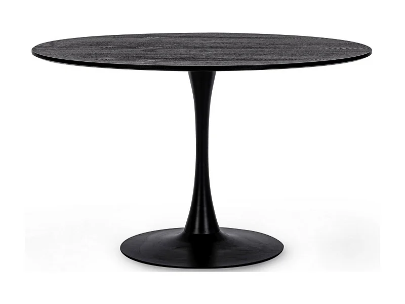 Table ronde plateau noir avec veinure effet bois et pied acier noir Kulipa 120cm