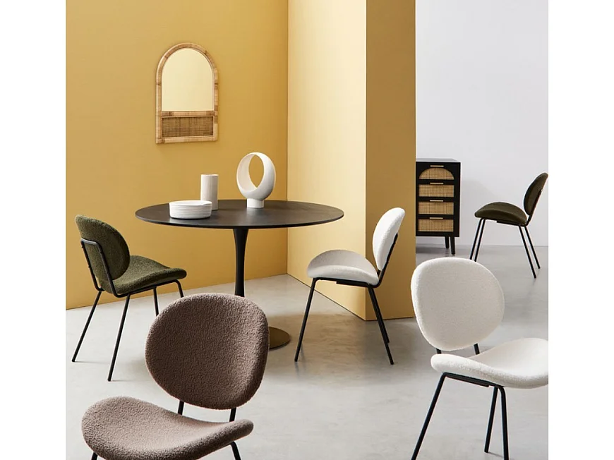 Table ronde plateau noir avec veinure effet bois et pied acier noir Kulipa 120cm