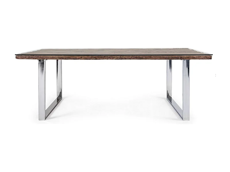 Table à manger plateau bois massif recyclé et verre trempé sur pieds acier chromé Stany 220cm