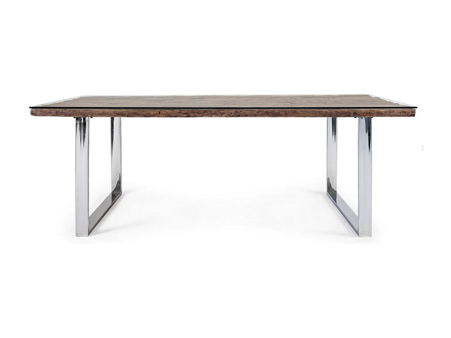 Table à manger plateau bois massif recyclé et verre trempé sur pieds acier chromé Stany 220cm