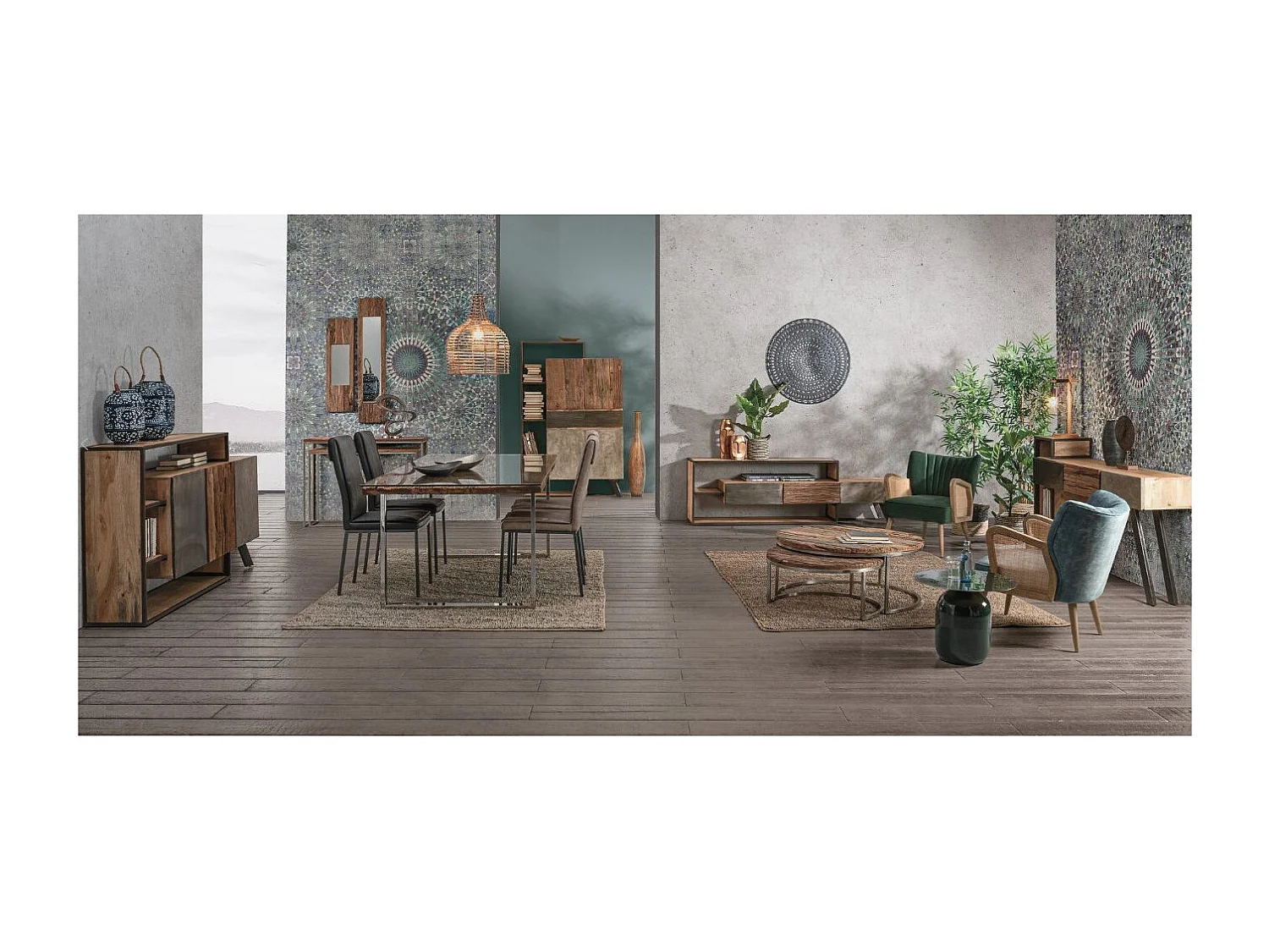 Table à manger plateau bois massif recyclé et verre trempé sur pieds acier chromé Stany 220cm