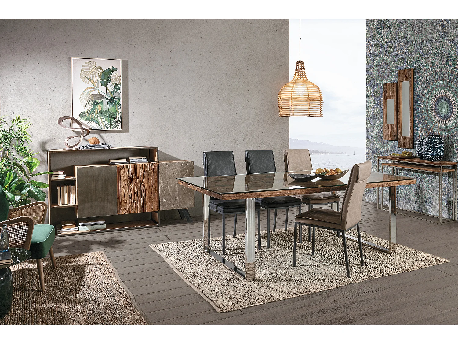 Table à manger plateau bois massif recyclé et verre trempé sur pieds acier chromé Stany 220cm