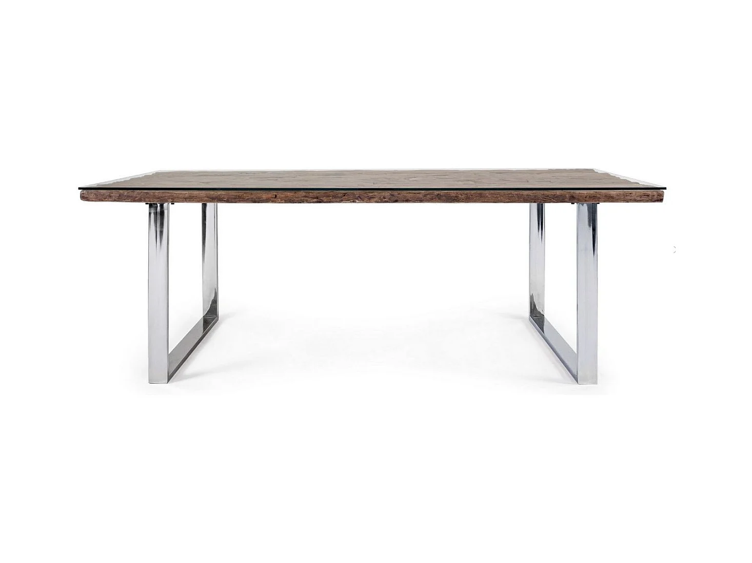 Table à manger plateau bois massif recyclé et verre trempé sur pieds acier chromé Stany 220cm