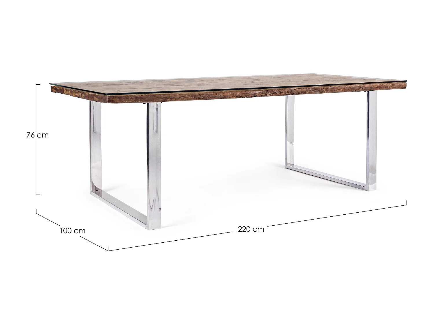 Table à manger plateau bois massif recyclé et verre trempé sur pieds acier chromé Stany 220cm