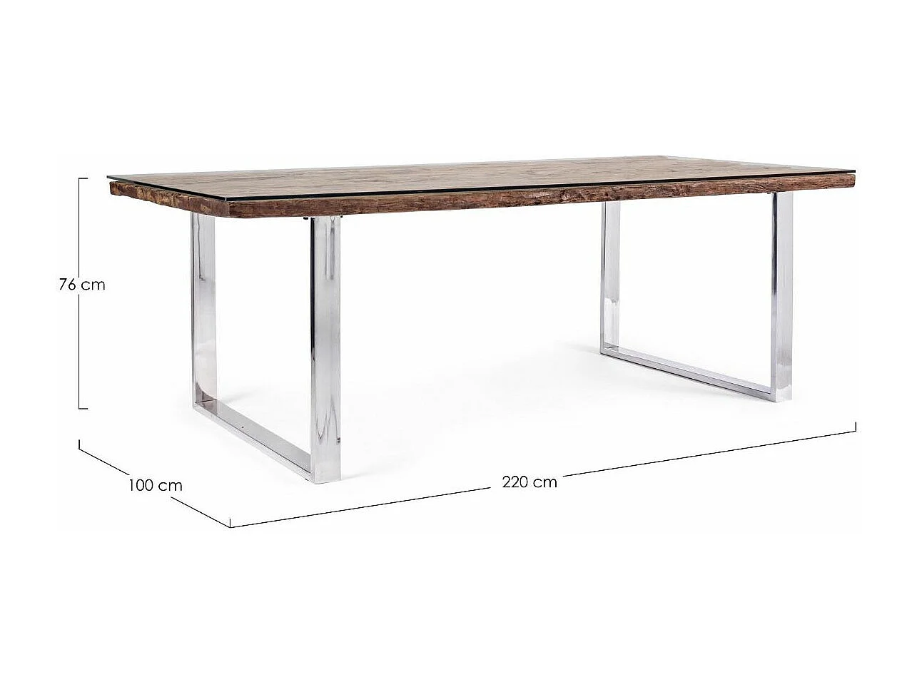 Table à manger plateau bois massif recyclé et verre trempé sur pieds acier chromé Stany 220cm