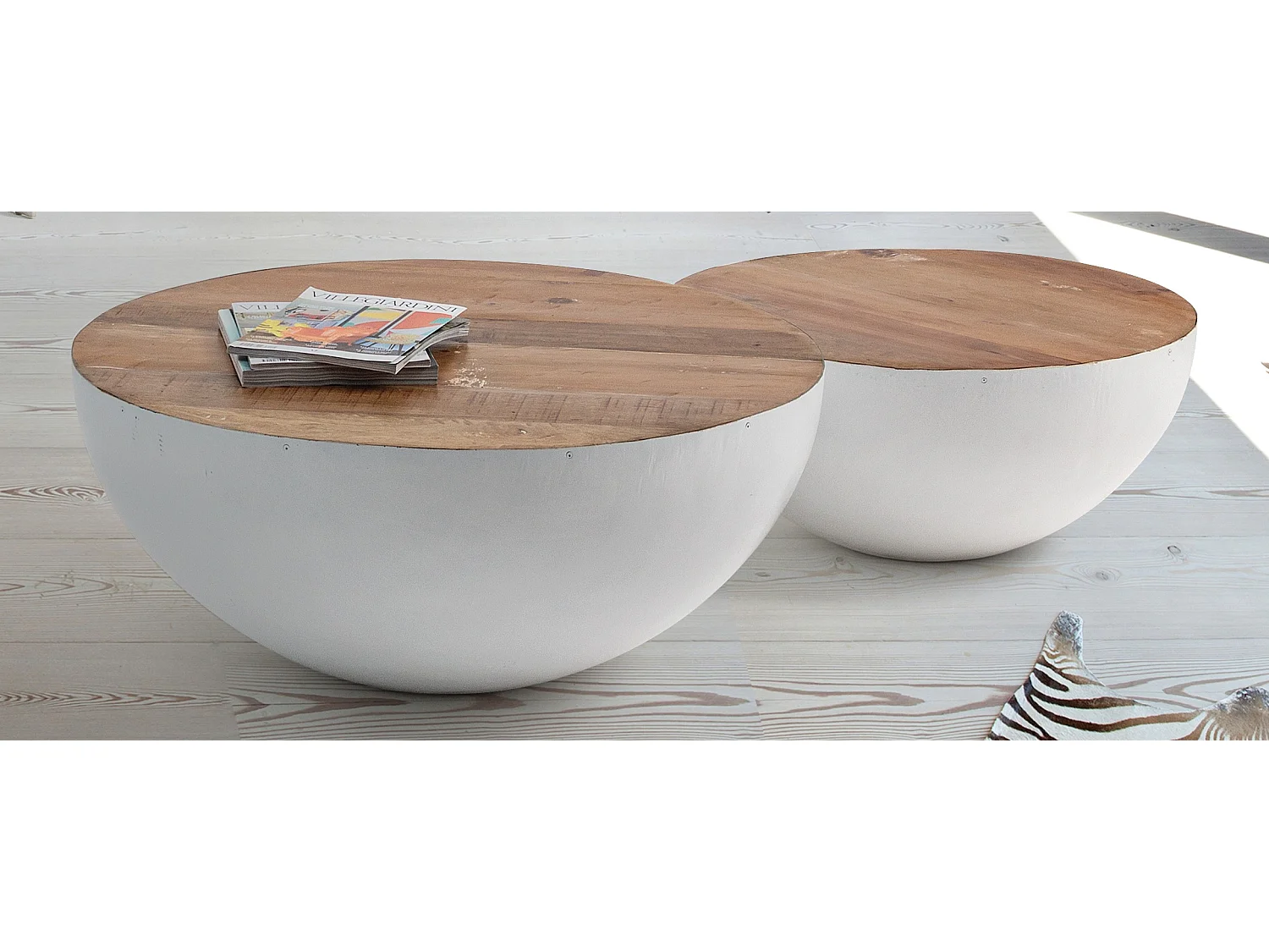 Table basse ronde en bois et acier blanc Lara 70cm