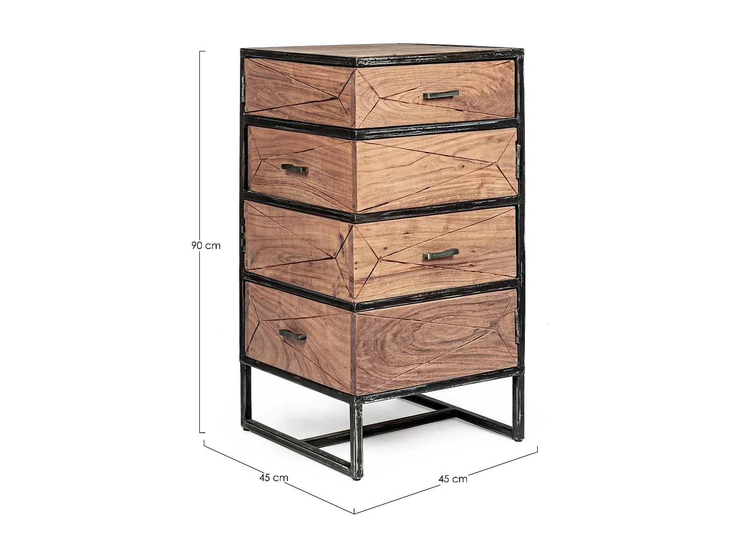 Chiffonnier 4 tiroirs en bois clair d'acacia vernis mat et acier noir Makune 45cm
