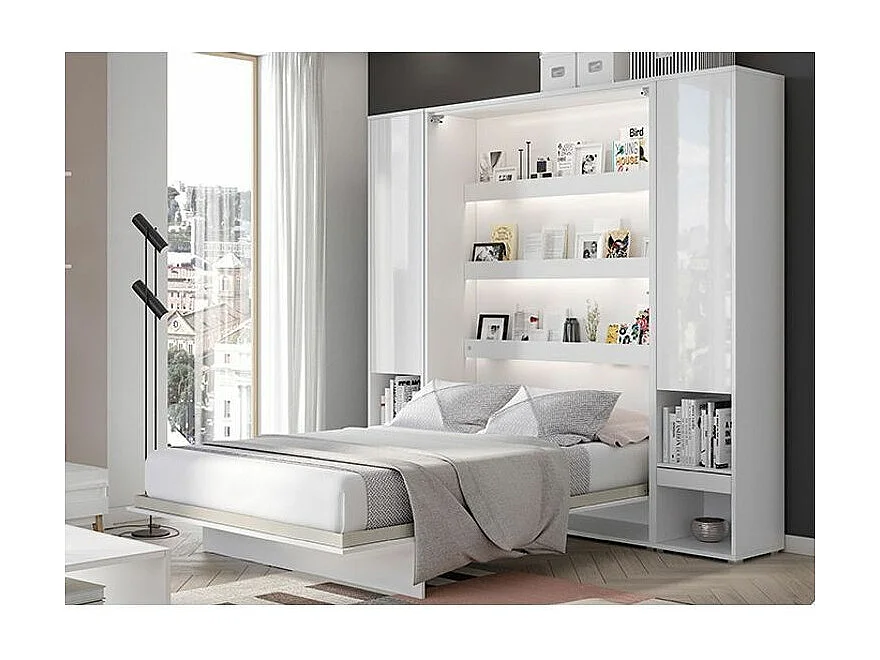 Lit escamotable vertical blanc mat avec 2 armoires de rangement Noby-Avec Led-120x200