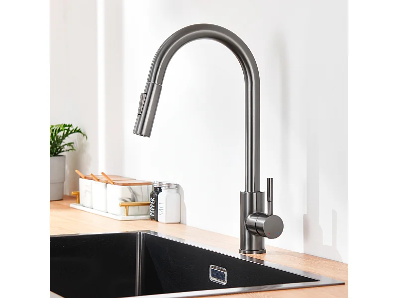 LONHEO MAX Mitigeur de Cuisine Gris 7-Forme avec 2 Fonctions Douchette Extractible Robinet d'évier Rotatif à 360° en Inox avec Barboteur démotable