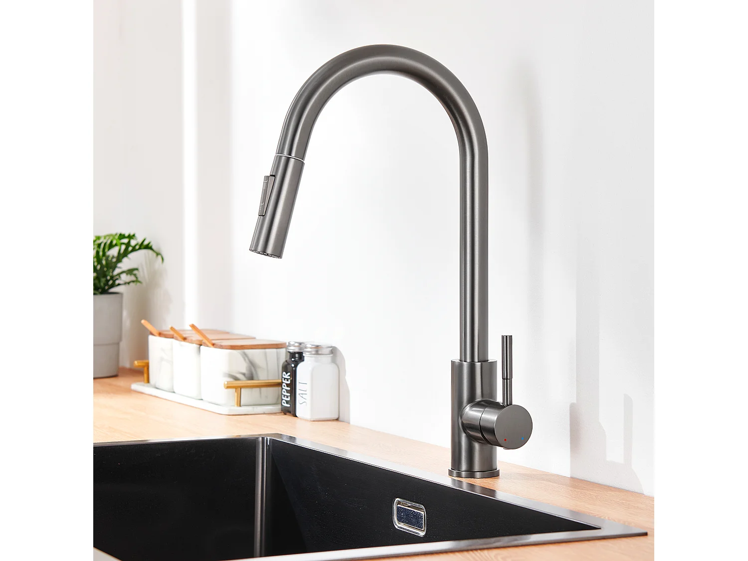 LONHEO MAX Miscelatore Cucina Grigio 7-Forma con 2 Funzioni Doccetta Estraibile Rubinetto lavello Rotante a 360° Inox con Scarico smontabile