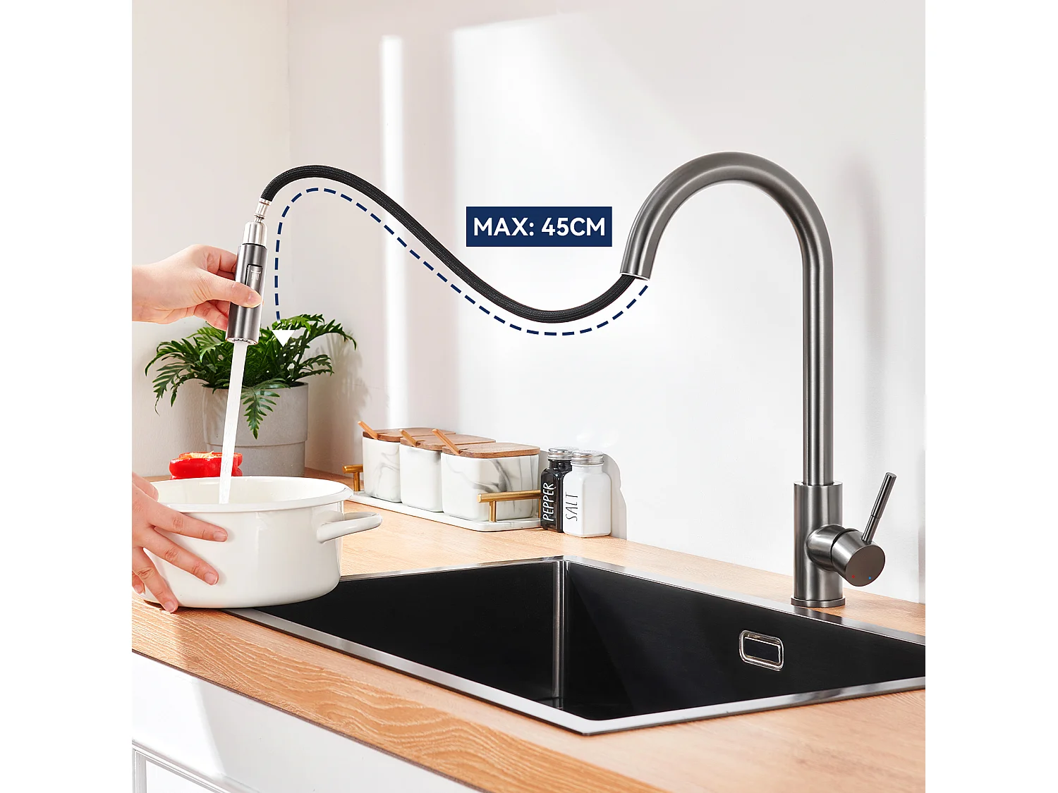 LONHEO MAX Miscelatore Cucina Grigio 7-Forma con 2 Funzioni Doccetta Estraibile Rubinetto lavello Rotante a 360° Inox con Scarico smontabile