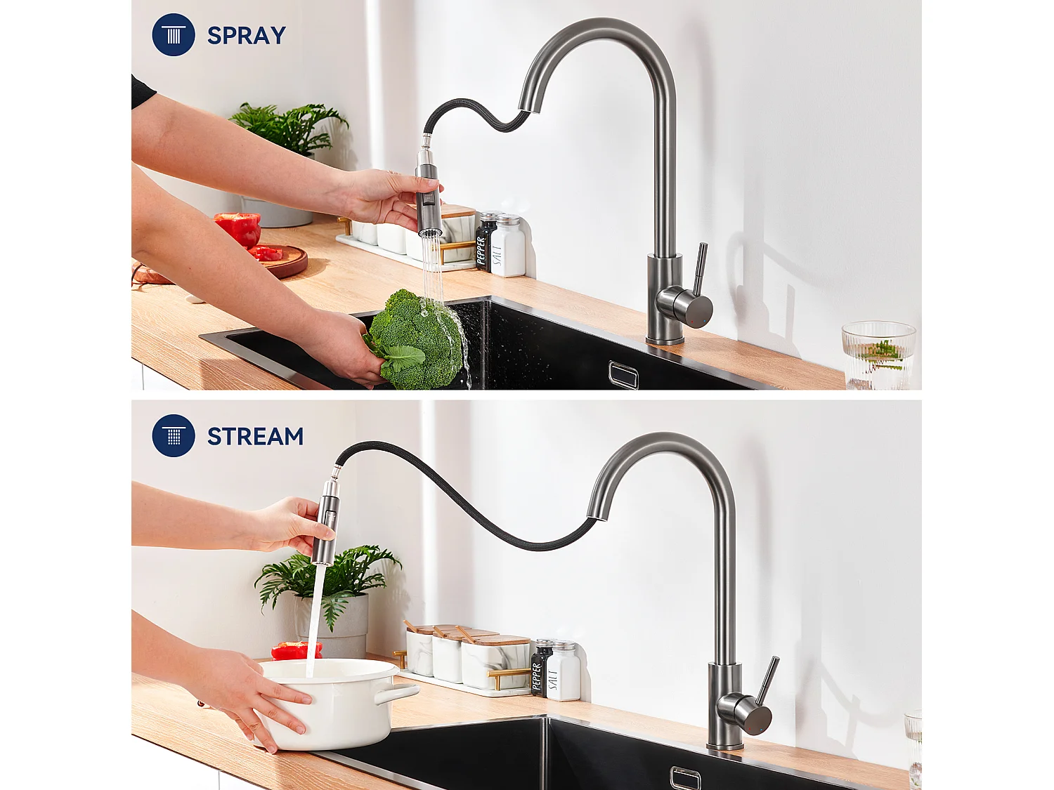 LONHEO MAX Mitigeur de Cuisine Gris 7-Forme avec 2 Fonctions Douchette Extractible Robinet d'évier Rotatif à 360° en Inox avec Barboteur démotable