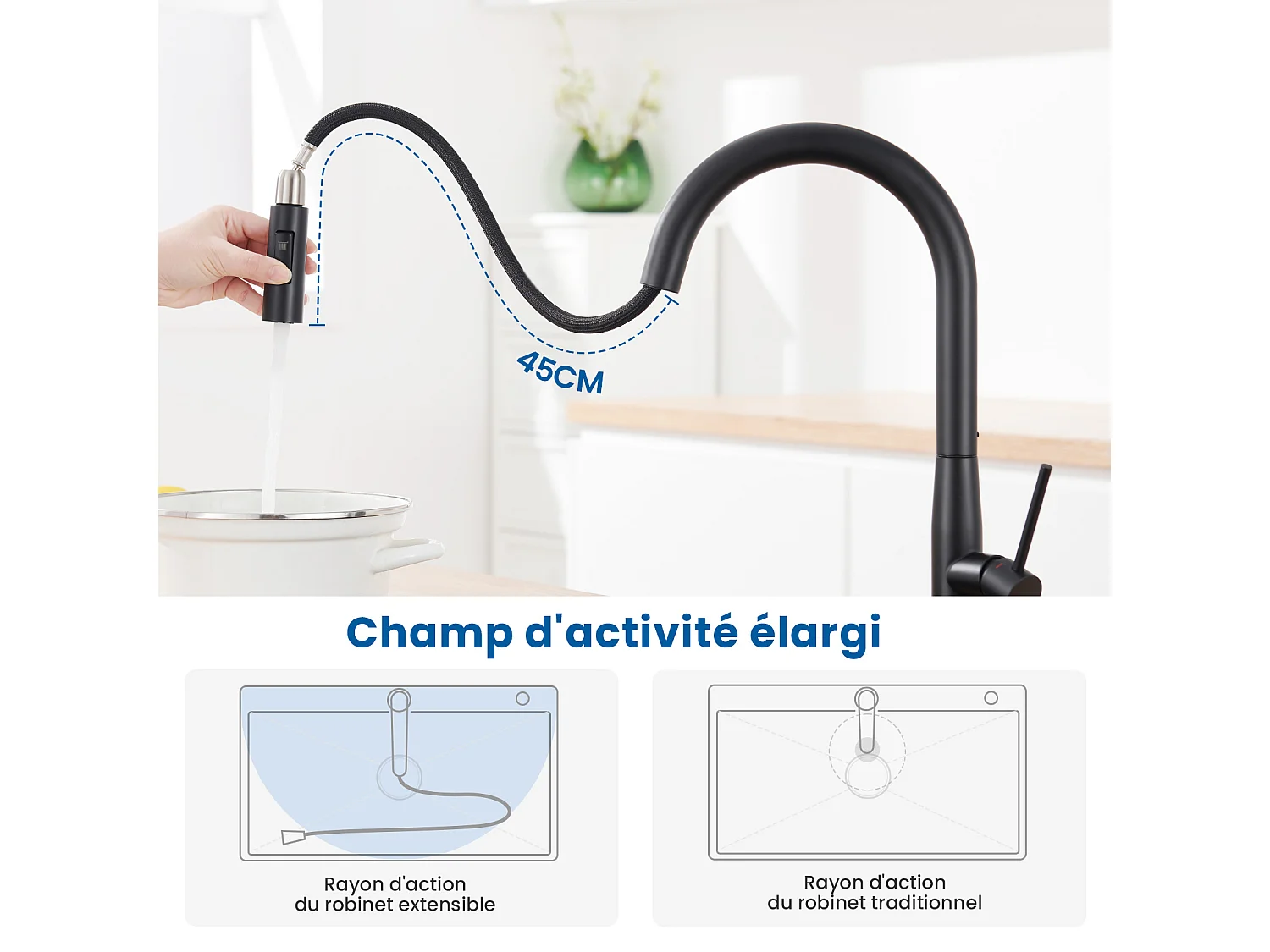 2 STUKS AURALUMMAX Keukenmengkraan, RVS Gootsteenkraan met DoucUittrekbare afzuigkap, 2 stralen koud/warm water 360 graden draaibaar, U-vormige uitloop, zwart