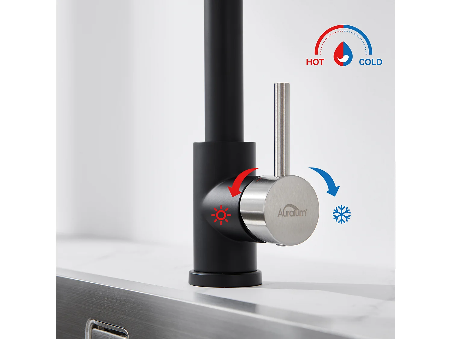 AuraLum Max Mitigeur cuisine avec douchette Robinet Cuisine à Ressort,Rotation 360° Robinet d'Evier 2 Jets,Eau Froide/Chaude,Noir,EU Modèle