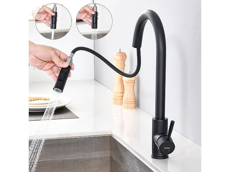 LONHEO MAX Keukenmengkraan Zwart 7-Vorm met 2 Functies Uittrekbare Handdouche 360° Draaibare RVS Wastafelkraan met Afneembare Spoelbak