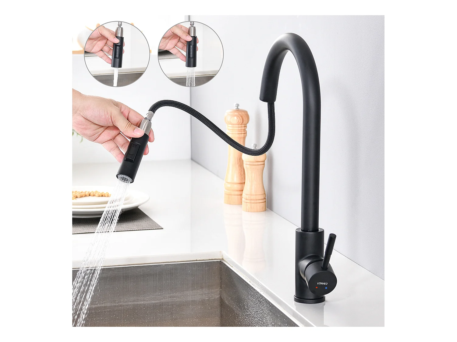 LONHEO MAX Mitigeur de Cuisine Noir 7-Forme avec 2 Fonctions Douchette Extractible Robinet d'évier Rotatif à 360° en Inox avec Barboteur démotable