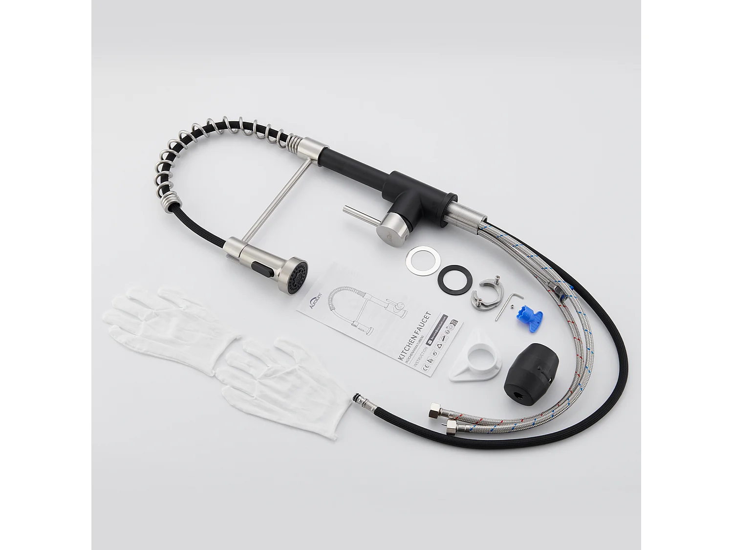 2PCS AURALUM MAX Miscelatore cucina con doccetta Rubinetto Cucina aMolla Rubinetteria cucina Rotazione 360°, 2 Getti, Acqua Fredda/Calda, Nero