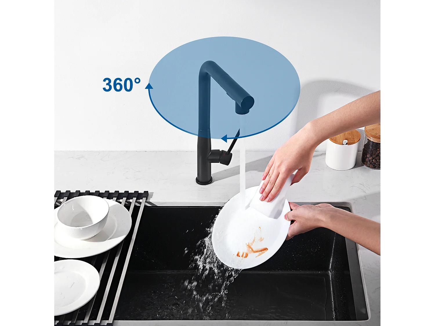 Miscelatore Cucina Nero con Doccetta estraibile,Inox, Miscelatore Lavello 2 Modalità Getti Acqua Calda/Fredda,Rubinetto Telescopico Lavello