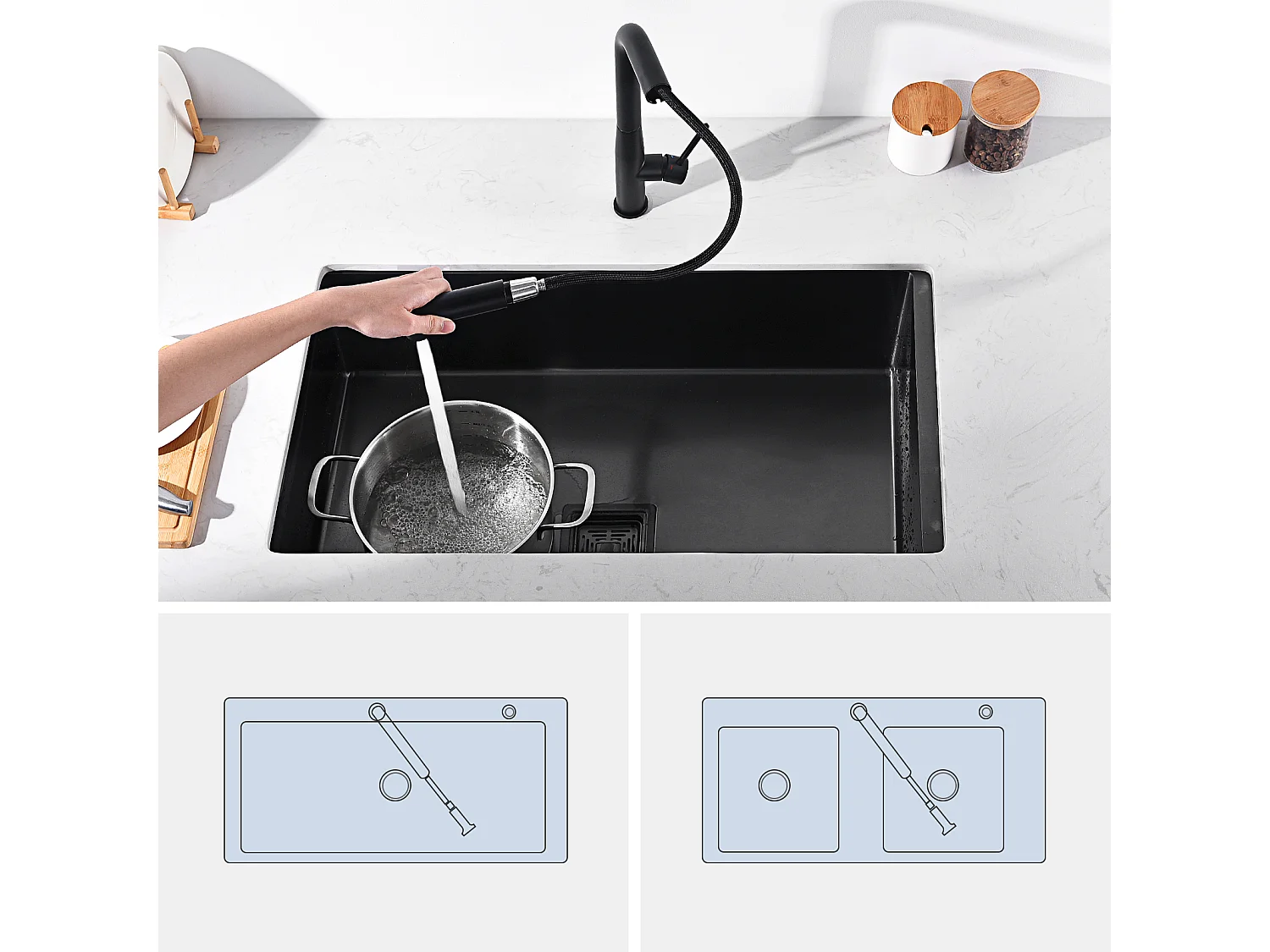 Miscelatore Cucina Nero con Doccetta estraibile,Inox, Miscelatore Lavello 2 Modalità Getti Acqua Calda/Fredda,Rubinetto Telescopico Lavello