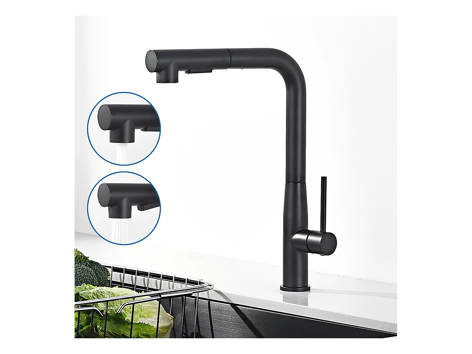 Auralum MAX Mitigeur Cuisine Noir avec douchette extractible,Inox,Mélangeur Évier 2 Modes Jets Eau Chaude/Froide,Robinet Télescopique pour Évier