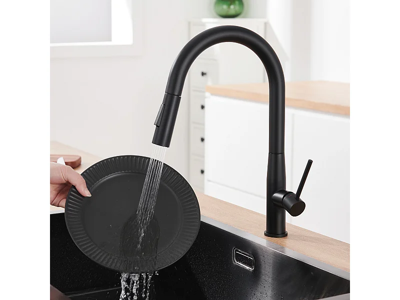 AURALUM MAX Keukenkraan Handdouche, Keukenmengkraan met Handdouche, Keukenkraan met Uittrekbare Handdouche Koud/Warm Water, Zwart