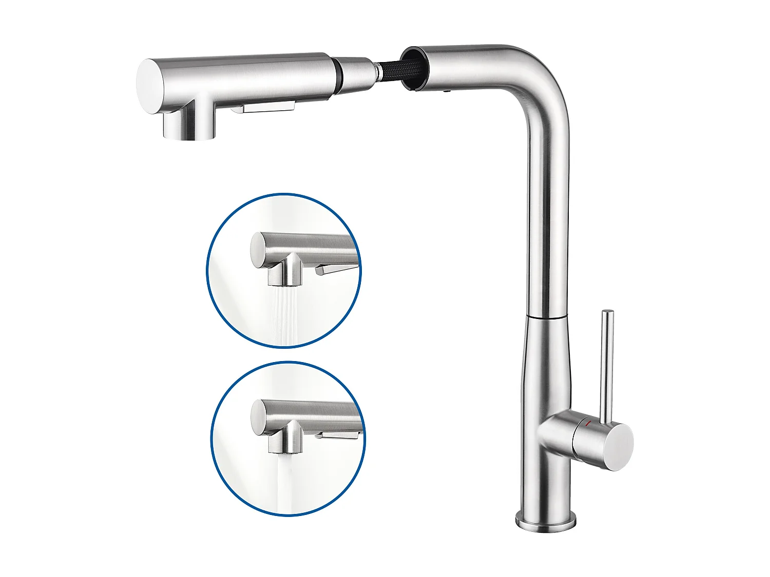 AuraLum Max Keukenmengkraan, RVS gootsteenkraan met uittrekbare handdouche, 2 straalmodi Koud/Warm water 360° draaibaar, L-vorm, Geborsteld, EU Model