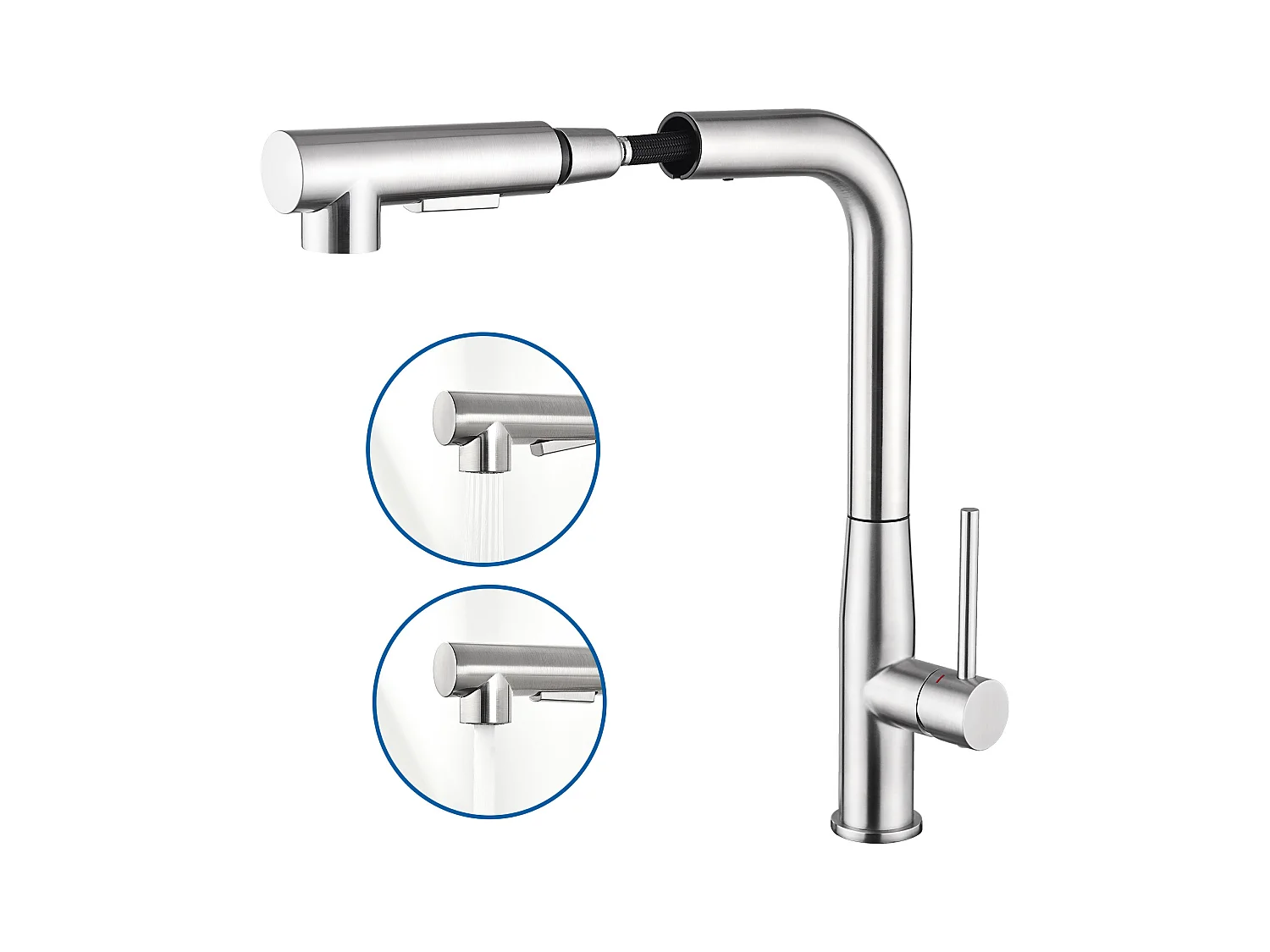 AuraLum Max Mitigeur Cuisine,Robinet Évier Inox avec Douchette Extractible,2 Modes Jets Eau Froide/Chaude Rotatif 360°,en Forme L,Brossé,EU Modèle