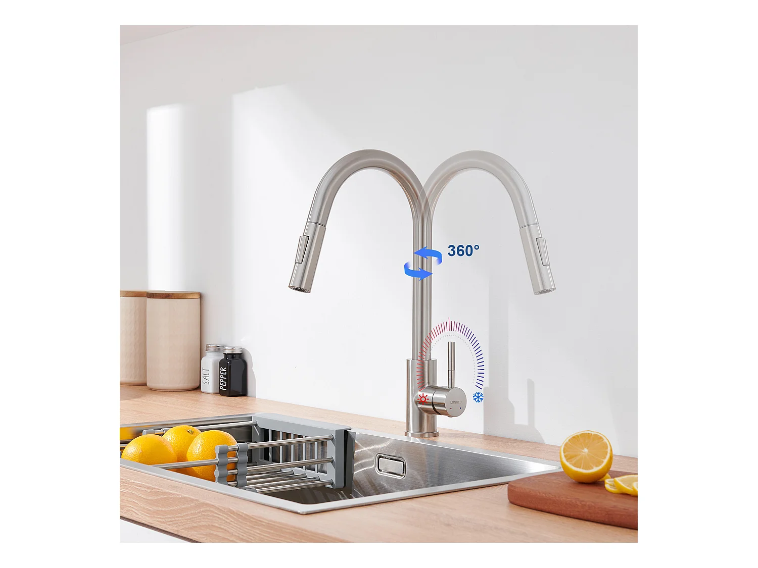 Miscelatore cucina con doccetta allungabile rotante 360° 2 modalità di spruzzatura calda/fredda rubinetteria lavello acciaio inossidabile-spazzolato