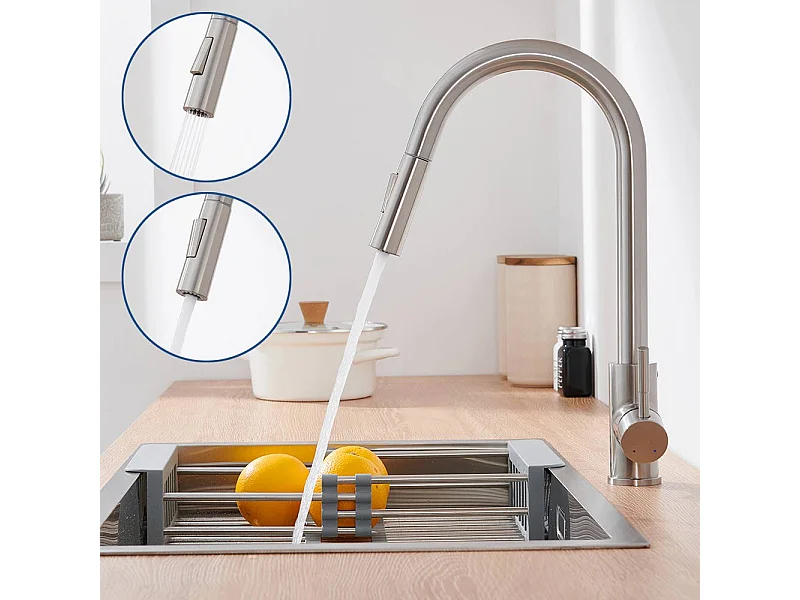 Mitigeur de Cuisine avec Douchette Extensible Rotatif à 360° 2 Modes de Pulvérisation Chaude/Froide Robinetterie Évier Acier Inoxydable-Brossé