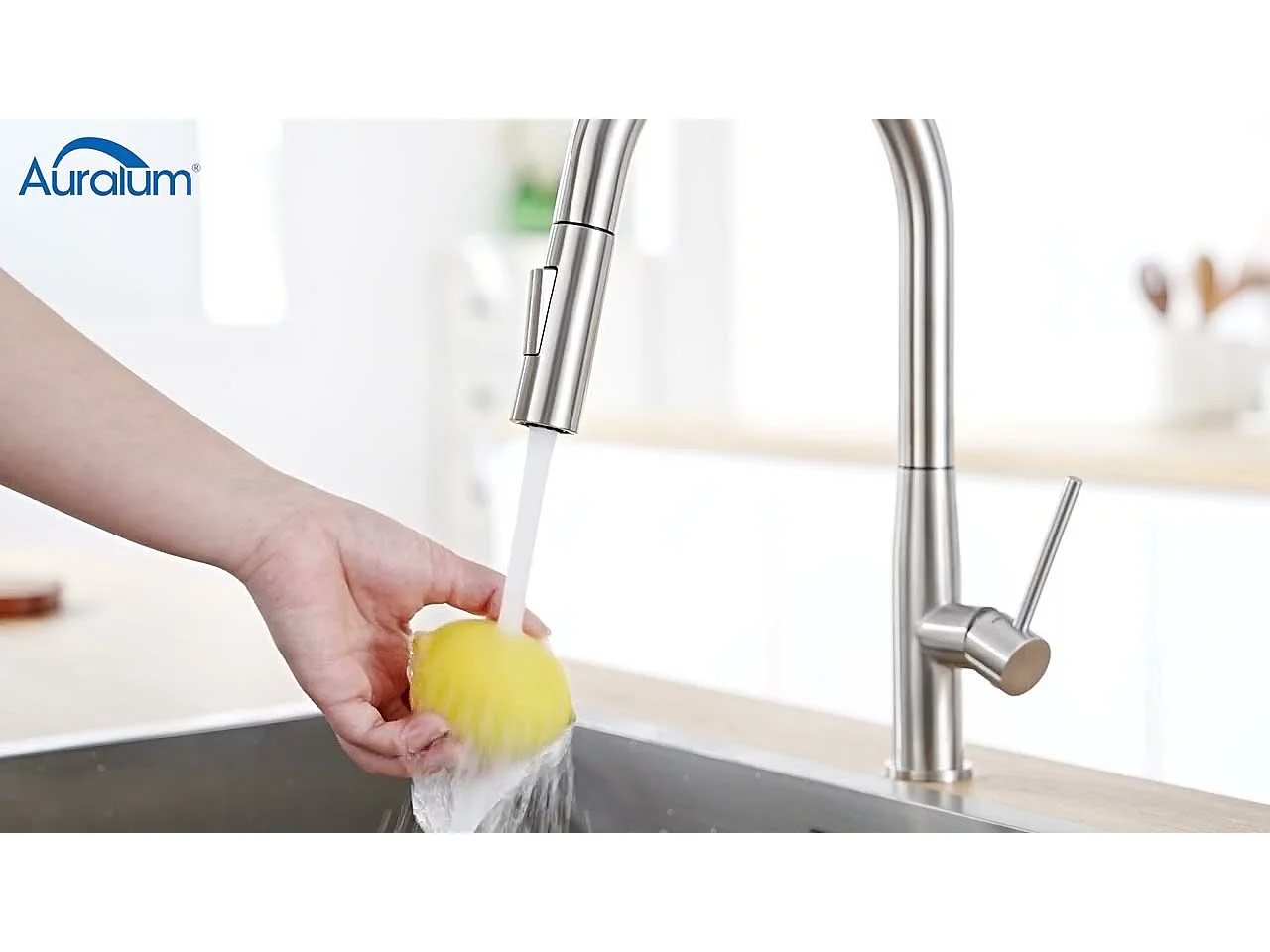 2PCS AURALUM MAX Grifo de cocina,Mezclador fregadero inox con ducha extraíble,2 modos de chorro de agua fría/caliente giratorios360°,cepillado