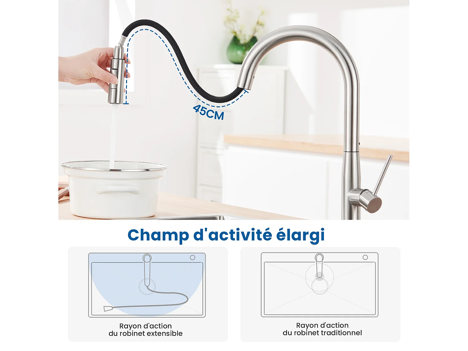 2PCS AURALUM MAX Grifo de cocina,Mezclador fregadero inox con ducha extraíble,2 modos de chorro de agua fría/caliente giratorios360°,cepillado