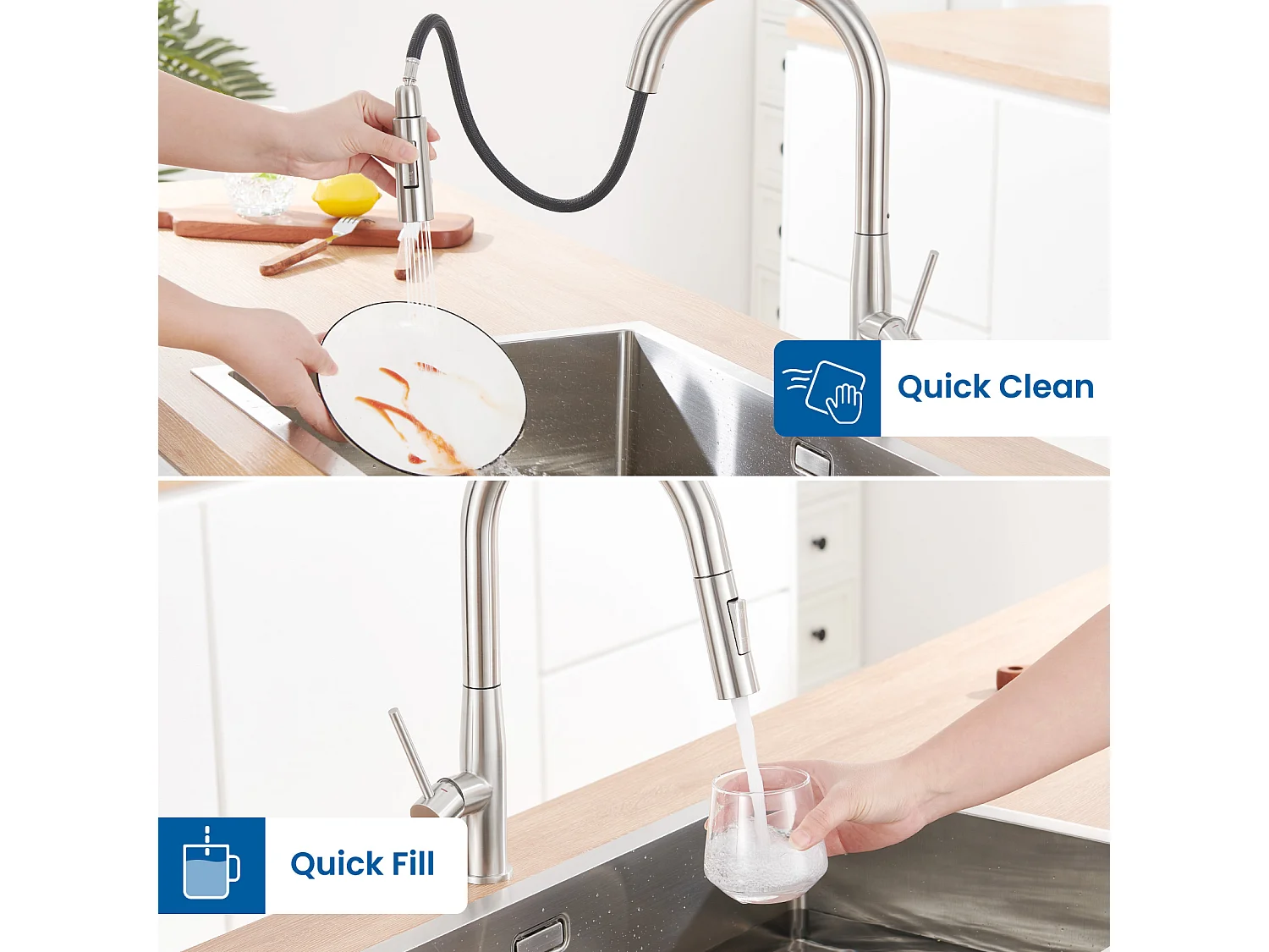 2PCS AURALUM MAX Grifo de cocina,Mezclador fregadero inox con ducha extraíble,2 modos de chorro de agua fría/caliente giratorios360°,cepillado