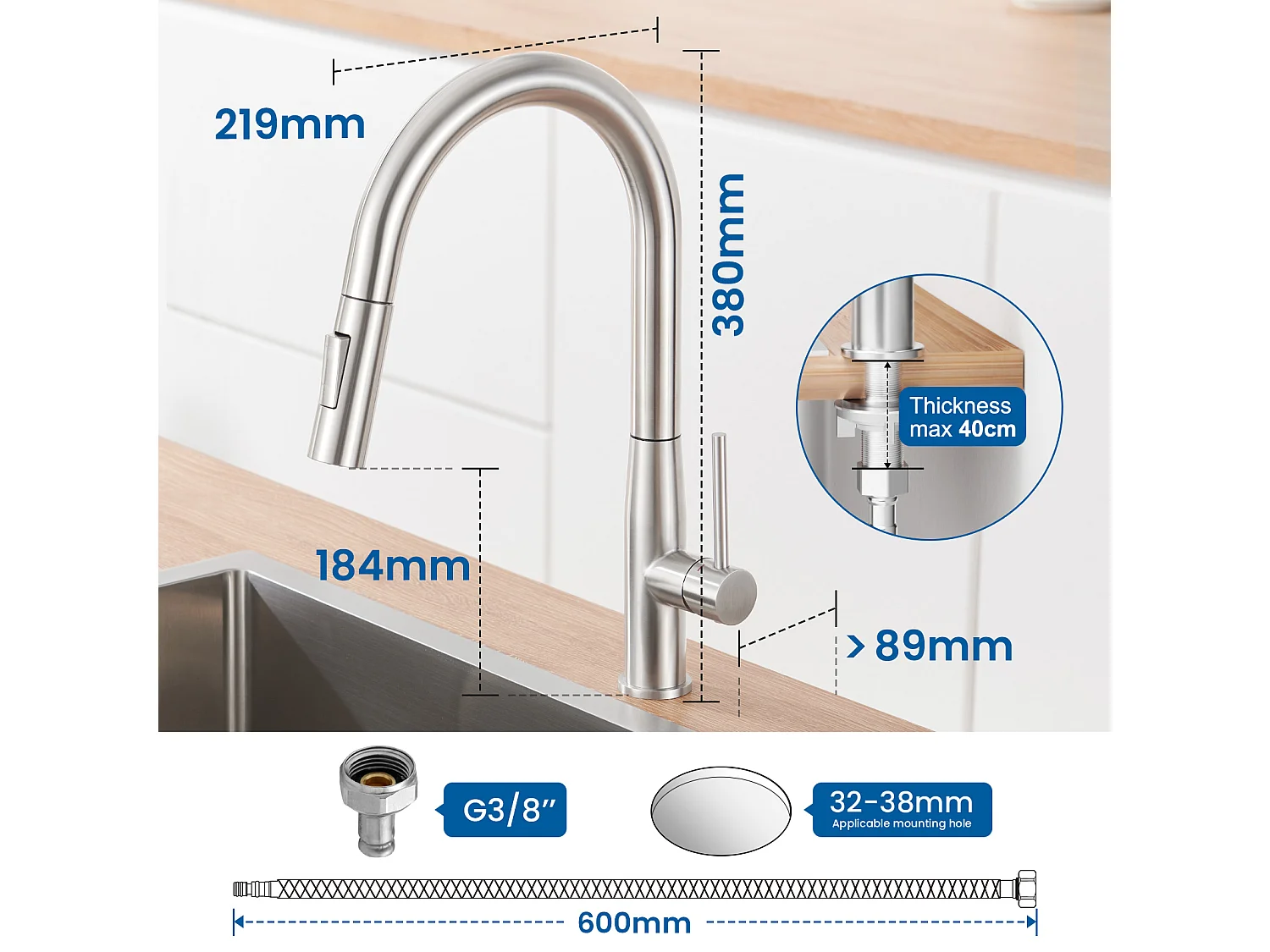 2PCS AURALUM MAX Grifo de cocina,Mezclador fregadero inox con ducha extraíble,2 modos de chorro de agua fría/caliente giratorios360°,cepillado