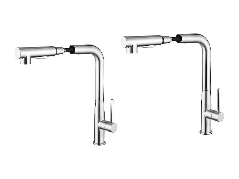 2PCS Mezclador cocina,grifo fregadero inox con ducha extraíble, 2 modos de chorro agua fría/calida giratorios a 360°, caño en forma de L, cepillado