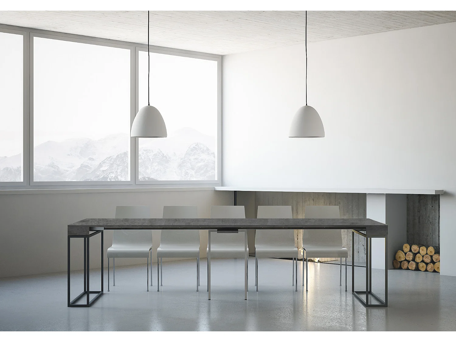 Consola Epika extensible de madera y 3 patas de acero antracita-Color Gris cemento-Base y soporte con ruedas-3 alargaderas finas