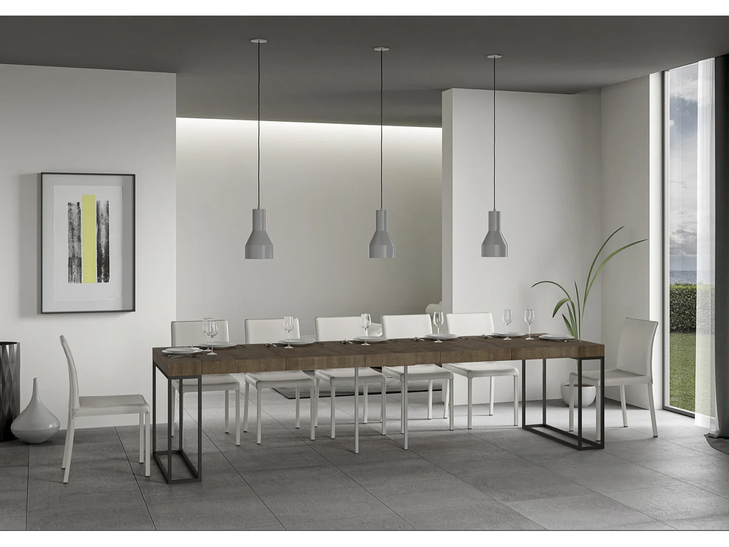 Console extensible bois et 3 pieds acier anthracite Epika-Couleur Marron-4 pieds-5 rallonges épaisses