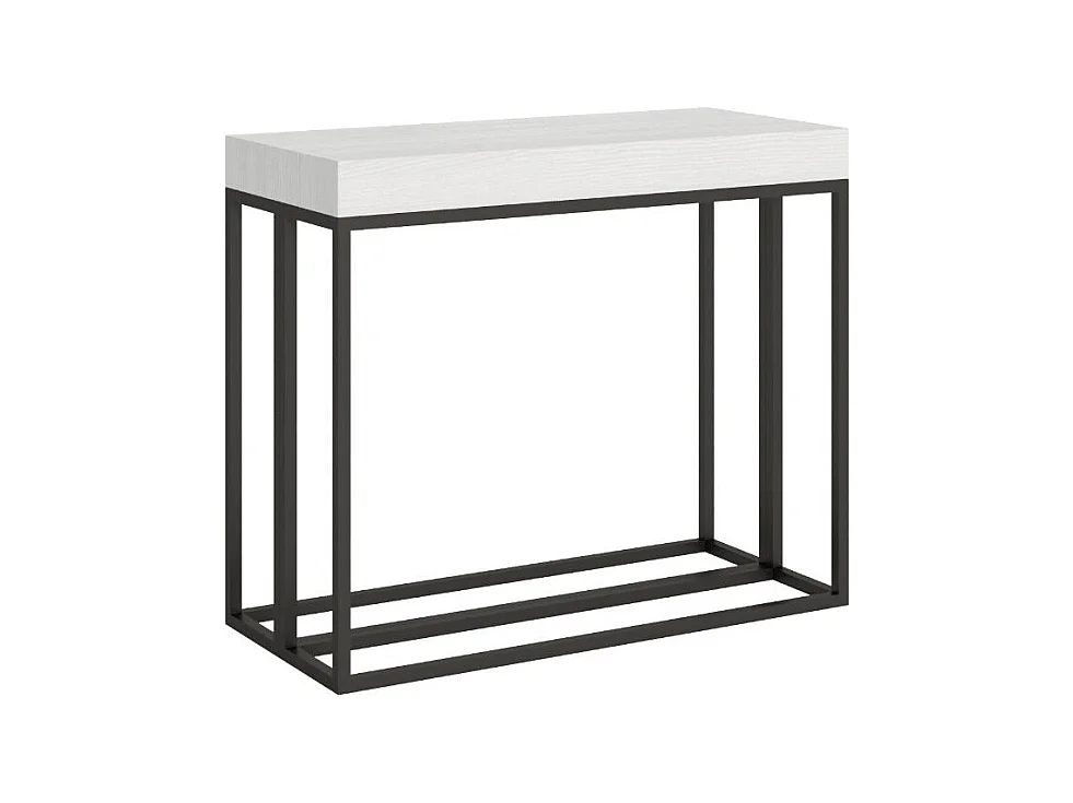 Console extensible bois et 3 pieds acier anthracite Epika-Couleur Blanc-Sur roulettes-3 rallonges fines