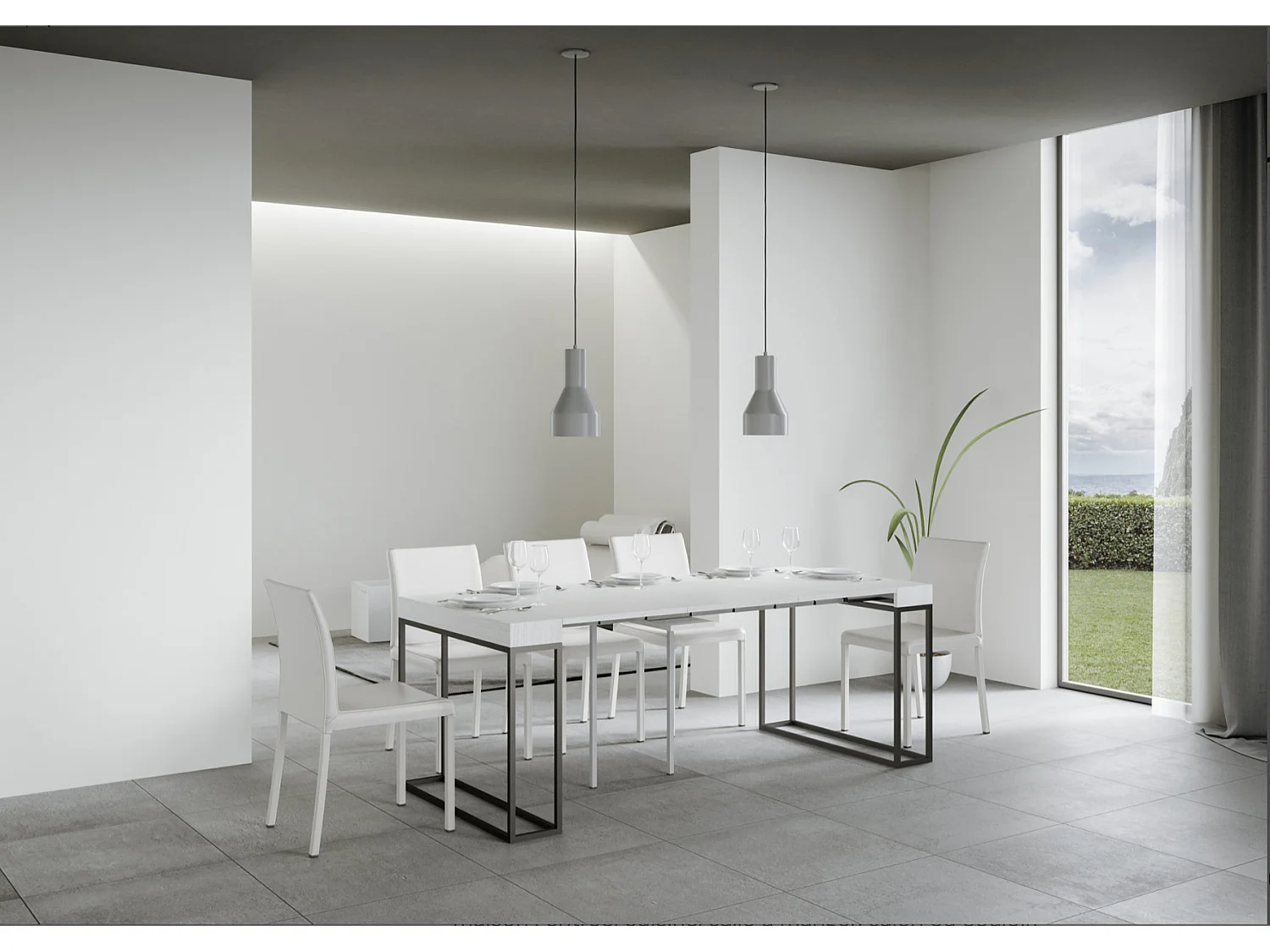 Console extensible bois et 3 pieds acier anthracite Epika-Couleur Blanc-Sur roulettes-3 rallonges fines