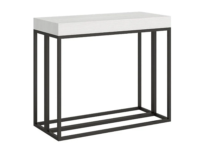 Console extensible bois et 3 pieds acier anthracite Epika-Couleur Blanc-Sur roulettes-3 rallonges fines