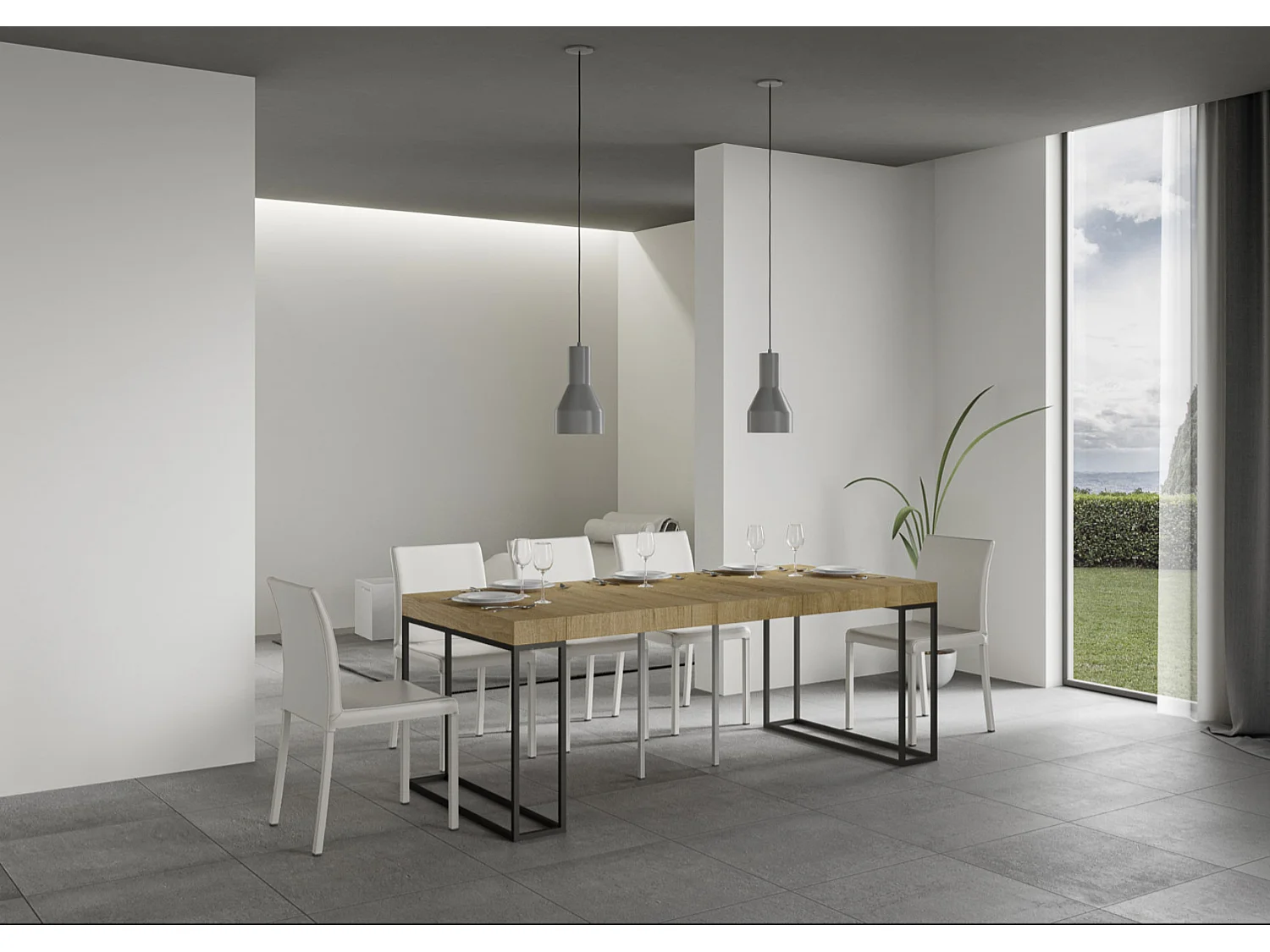 Console extensible bois et 3 pieds acier anthracite Epika-Couleur Naturel-4 pieds-3 rallonges épaisses